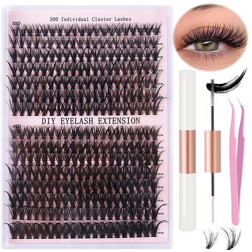 300PCS Lash Clusters Lash Extension Kit, 30D+40D+50D Mix 9-16mm Eyelash Extension Kit, Fluffy Individual Lashes Kit With Lash Bond And Seal & Lash Tweezers, DIY Wispy Eyelash Clusters For Beginners