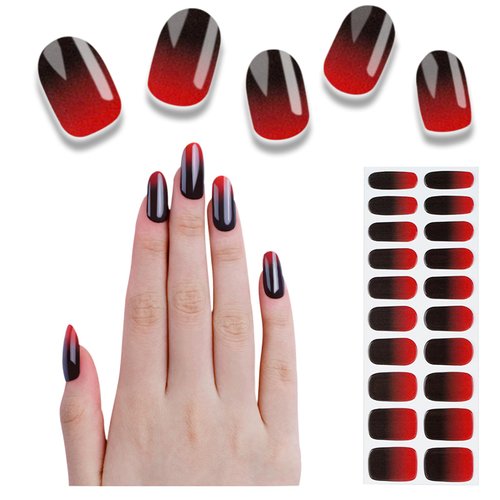 Wekcekcek Semi Cured Gel Nail Strips, 20pcs Gel Nail Polish Stickers, Fade Red Gel Nail Stickers - Work with Any UV Lamp, Long Lasting Full Nail Wraps with Nail File and Stick