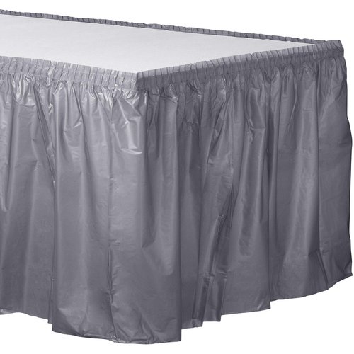Silver Plastic Table Skirt - 21' x 29" (1 Pc.) - Durable, Easy-to-Use & Stylish Event Decor, Perfect for Parties, Weddings, & Special Occasions