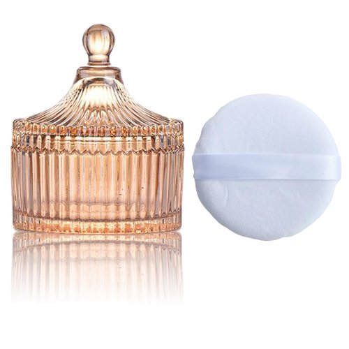 Qopoto Body Powder Puff and Container, Glass Box for Dust Puff, Powder applicator with Case for Dusting powder (retro)