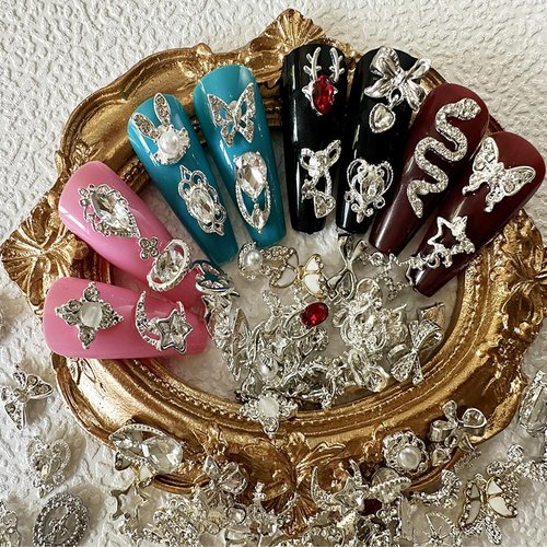 Silver Nail Charms for Acrylic Nails,30 PCS Mix Styles Nail Gems Shiny Pearl Alloy Nail Rhinestones Flower Butterfly Heart Star Snake Rabbit Charms for Nails Art DIY Design
