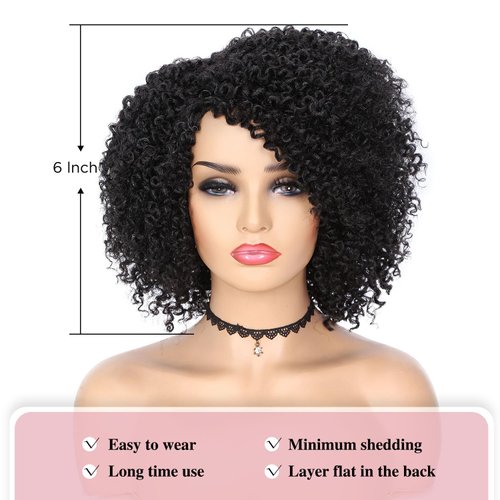 Quantum Love Short Kinky Curly Wigs Side Part Afro Curly Wig for Black Women Twist Out African American Synthetic Wigs (Black 6 Inches)