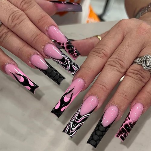 Black French Tip Press on Nails Long with Flame Designs Pink Square Fake Nails Glossy Full Cover Black French Glue on Nails Very Long Acrylic False Nail Tips Cute Stick on Nails for Women Girls 24Pcs