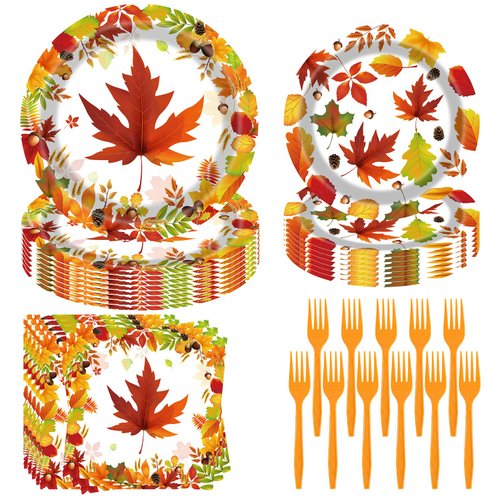 Fall Thanksgiving Party Supplies 96 Pcs Thanksgiving Paper Plates and Napkins Forks Pumpkin Autumn Maple Leaf Disposable Tableware Set for Fall Thanksgiving Harvest Party Decorations