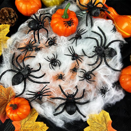 VOVEA Realistic Plastic Spiders Halloween Decorations, 70PCS Black Fake Spiders Halloween Spider Prank Props with 5 Styles & Sizes for Halloween Party Decorations Supplies