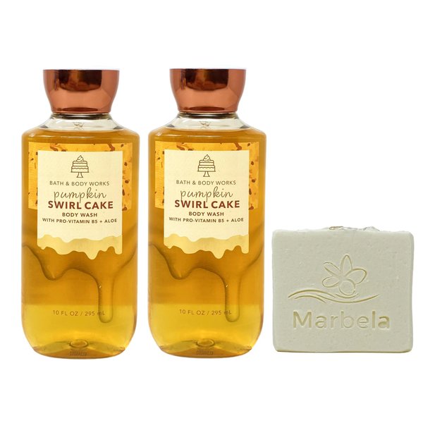 Bath & Body Works Pumpkin Swirl Cake 2 Piece Body Wash Gift Set Bundle with a Natural Oats Bar Soap - Full Size