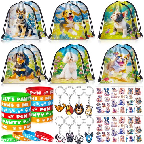 SNLN Dog Party Favors Birthday Supplies, Puppy Drawstring Bag Keychain Silicone Bracelet Tattoo S...