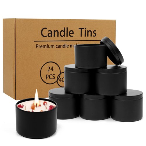 DINGPAI 24 Pcs Black Candle Tins, 4 oz Black Empty Candle Tin with Lids for DIY Candles Making, Matte Full Black Candle Jars for Candle Making, Storage, Christmas Candle Gifts