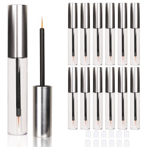 COSIDEA 12PCS Empty plastic Matte Silver 10ml Eyeliner tubes packing Vials Bottle Containe Eyeliner Brush Applicator for DIY Eyelash Growth Oil