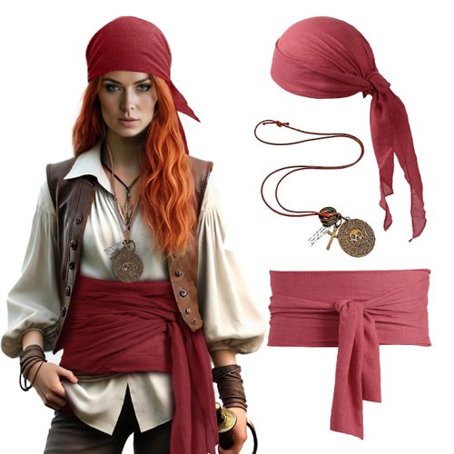 UNKENBO 2024 Red Pirate Head Scarf & Bandana Pirate Jewelry - Pirate Hat and Accessories for Pirate Costume, Headband, Caribbean Merchandise