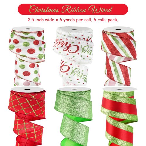 DINDOSAL Red and Lime Green Christmas Ribbon Wired 2.5" Red Green Christmas Tree Ribbon Garland Red Green Wired Ribbon for Wreaths, Topper Bows, Gift Wrapping, Crafts (6 Rolls 36 Yards)