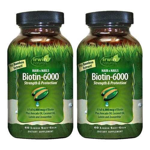 Irwin Naturals Biotin-6000 - 60 Liquid Soft-Gels, Pack of 2 - Supports Strength & Protection for Hair & Nails - With Avocado Oil, Coconut Oil, Lutein & Zeaxanthin - 60 Total Servings