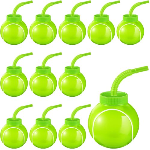 12 Sets Tennis Ball Party Cups with Straws and Lids 10oz Plastic Tennis Cups Bulk for Kids Birthday Tennis Party Favors Decorations Supplies Gifts
