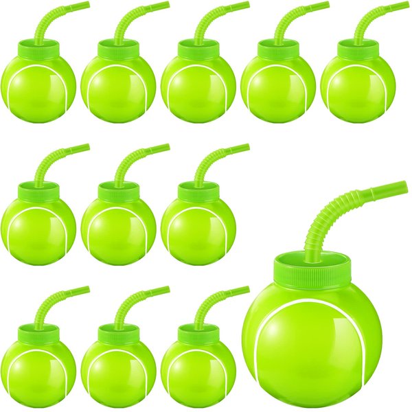 12 Sets Tennis Ball Party Cups with Straws and Lids 10oz Plastic Tennis Cups Bulk for Kids Birthday Tennis Party Favors Decorations Supplies Gifts