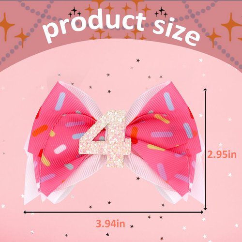 Vovii Birthday Hair Bow for 4th Birthday Decorations for Girls, Glitter Pink Ice Cream Baby Bow Party Decoration for 4 Year Old Girl Birthday Decorations, Happy 4th Birthday Decorations for Girls Hair