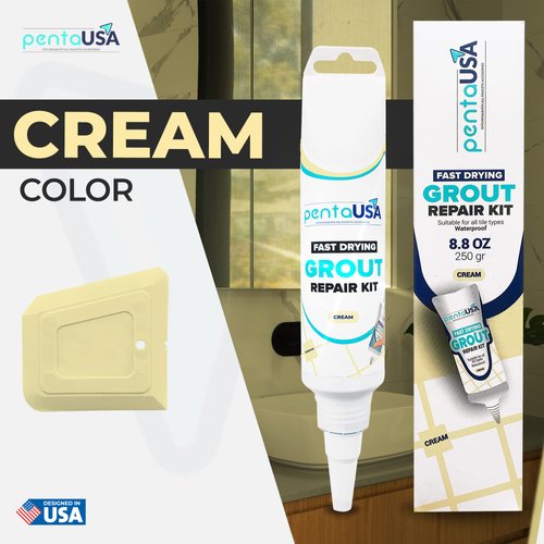 PentaUSA Tile Grout Repair Kit - 8.8 oz Cream Color Premix Grout Paint Tube with Applicator Spatula - Restore and Renew Tile Joints, Easy to Use, Fast Drying Odorless Formula (Cream 8.8oz - 250gr)