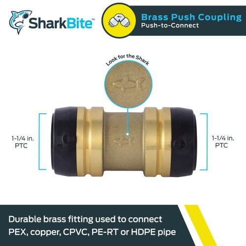 SharkBite 1-1/4 Inch Coupling, Push to Connect Brass Plumbing Fitting, PEX Pipe, Copper, CPVC, PE-RT, HDPE, UXL0135