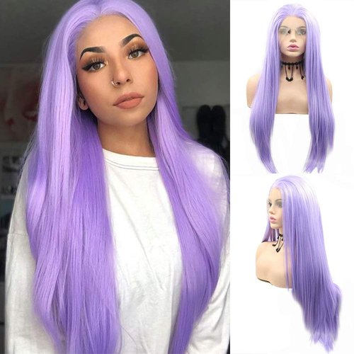 Kanelon Purple Synthetic Hair Wigs for Women Long Straight Lace Front Wigs Pre Plucked Hairline Lilac Light Purple Syntehtic Lace Front Wig Hair Glueless Heat Resistant Fiber Cosplay 24inches