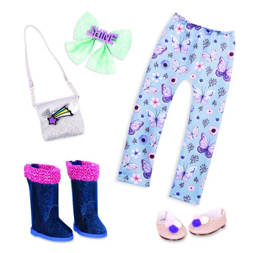 Glitter Girls Dolls – 14-inch Doll Clothes and Accessories – Butterfly Leggings, Glitter Shoes, Boots, Hair Bow, and Purse Fashion Pack – Pompoms & Stars – Toys for Kids Ages 3 and Up (Blue