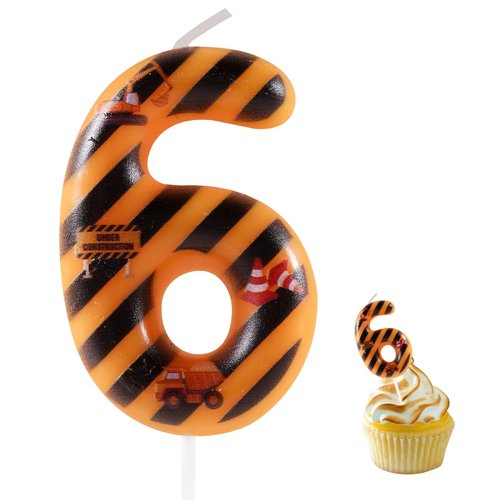 Construction 6th Birthday Candle, Yellow and Black Stripes Number 6 Cake Candle Birthday Cake Topper for Construction 6th Birthday Party Decorations