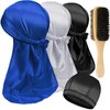3PCS Silky Durags with Double Sided Brush for Men Wave, Satin Doo Rags for 360, 540, 720 Waves, Award 1 Wave Cap, Ideal Gifts for Christmas (blue+white+black)