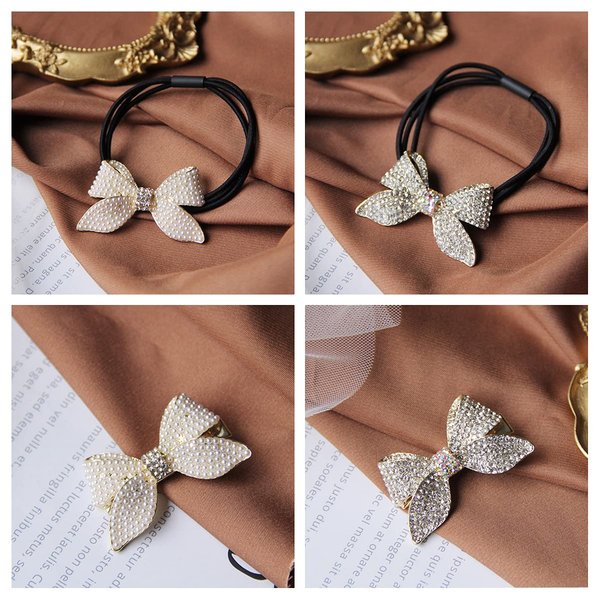 Xiwstar Hair Accessories Set: Pearl Rhinestone Bowknot Hair Ties and Duckbill Hair Clips for Women and Girls