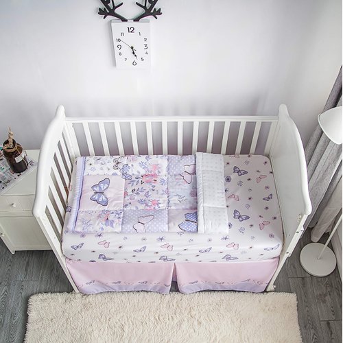 La Premura Crib Bedding Set for Girls – Lilac Butterfly 3 Piece Standard Size Crib Bedding Sets for Baby Girl, Pastel Pink and Purple