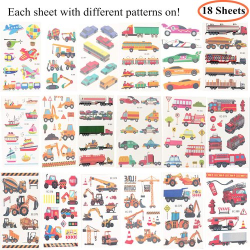 Oexper 18 Sheets of Construction Vehicle Temporary Tattoos Cars Fire Trucks Buses Transportation Tattoo Stickers for Boys Girls Kids Adults Birthday Party Car Themed Party Supplies Party Favors