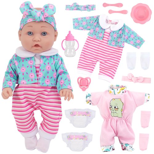 UNICORN ELEMENT 12 Inch Baby Doll and Clothes and Accessories, 12 inch New Born Vinyl Baby Dolls Playsets, 2 Sets of Doll Clothes, Doll Diapers, Feeding Bottle, Pacifier, Best Gift for Ages 3+