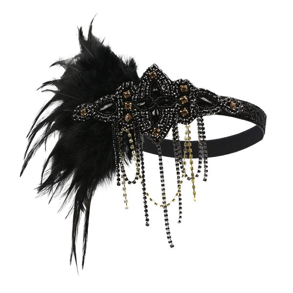 Bubbmi 1920s Flapper Headband Peacock Feather Headpiece, Great Gatsby Headband Costume Accessories for Women Showgirl Parties (HD6017black)