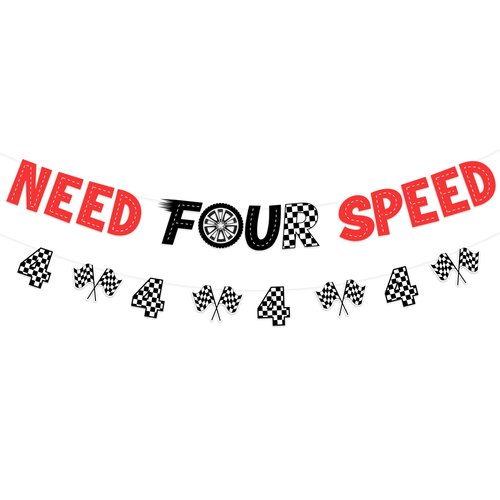 Sursurprise Need Four Speed Birthday Decorations, Need Four Speed Banner Checkered Flag Banner Kit, Race Car Theme 4th Birthday Party Supplies for Boys
