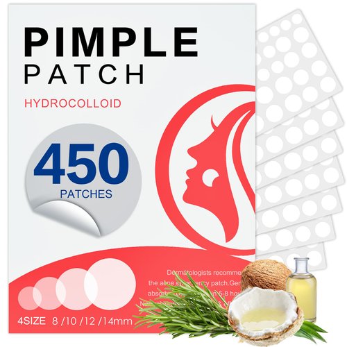 450 Pimple Patches for Face, Hydrocolloid Acne Patches for Zit Covers, Invisible Skin Stickers for Blemish Spot Treatment, 4 Sizes, with Salicylic Acid, Tea Tree & Coconut Oil