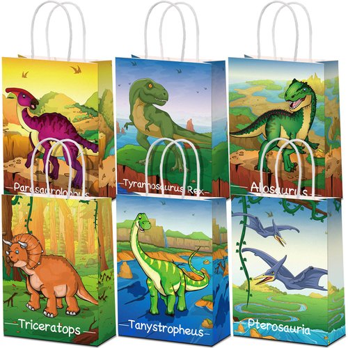 24 Pcs Dinosaur Party Favor Gift Bags with Handle, Dinosaur Kraft Paper Gift Wrap Bags Kids Goodie Treat Bags for Boys Girls Dinosaur Dino Theme Birthday Baby Shower Party Supplies (Cute Style)