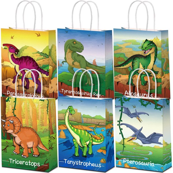 24 Pcs Dinosaur Party Favor Gift Bags with Handle, Dinosaur Kraft Paper Gift Wrap Bags Kids Goodie Treat Bags for Boys Girls Dinosaur Dino Theme Birthday Baby Shower Party Supplies (Cute Style)