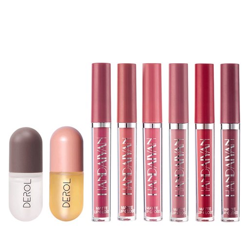 DEROL Lip Plumper Set,Natural Lip Plumper and Lip Care Serum,Lip Enhancer for Fuller,6Pcs Matte Liquid Lipstick Makeup Set, Matte liquid Long-Lasting Wear Non-Stick Cup Not Fade Waterproof Lip Gloss