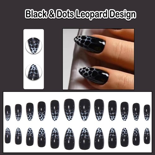 ANDGING Black Press on Nails Almond Short Medium Fake Nails Glue on Nails with Dots Leopard Design 24Pcs Manicure Acrylic Women False Nails with Glue Gel Stick on Nail for Wedding KLW668D