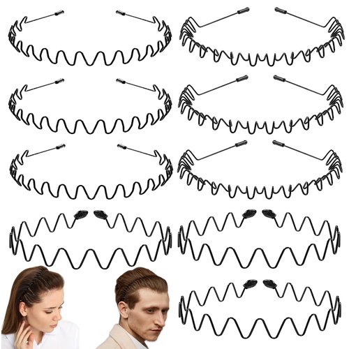 SHEHARUHI 9PCS Black Metal Hairband Wavy Hairband Wavy Metal Hair Bands Zig Zag Headbands Hair Band Non-slip Black Metal Headband Hair Accessories Unisex Black Elastic Non SlipSpring Hair Hoop