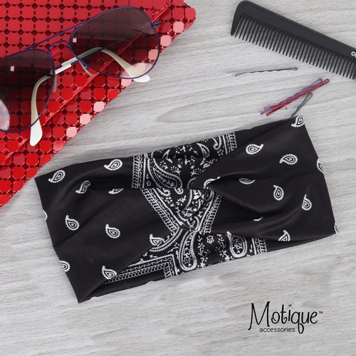 Motique Accessories Paisley Black Twist Turband Wide Headwrap Hair Band for Women