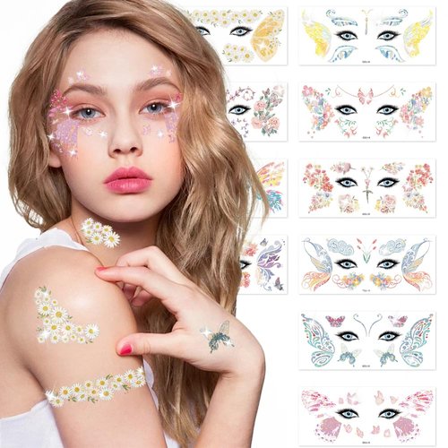 JoyfulGlam Butterfly Face Temporary Tattoos For Women Glitter Fairy Makeup Kit Accessories Stickers For Eyes Princess Rave Party Favors Gifts
