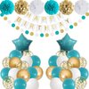 Teal and Gold Birthday Decorations, Turquoise Birthday Party Decoration Teal Blue White Gold Birthday Balloons Happy Birthday Banner Foil Balloon Aqua Pom Poms for Women Girls Birthday Party Supplies