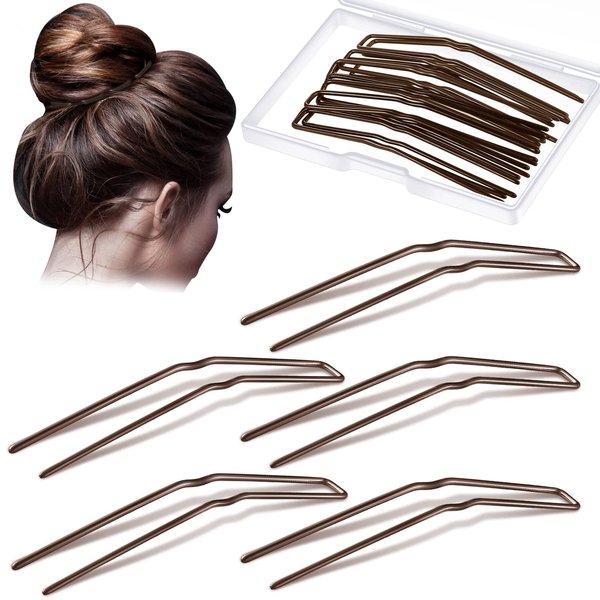 MTLEE 24 Pcs U Shaped Hair Pins, Ballet Bobby Pins for Updo with Storage Box, Metal U Bun Hair Forks for Women Girls, Thick, Thin, Long, Curly Hair(Brown, 3 Inch)