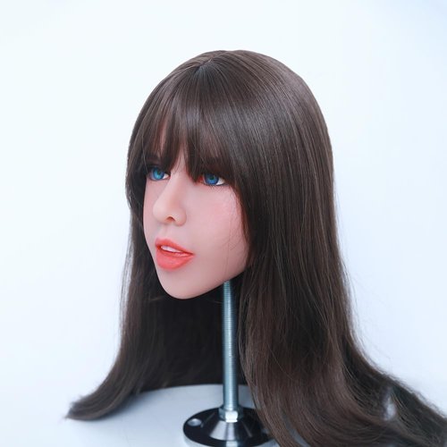 Mannequin Head Makeup Doll Head with 2 Hairs&Blue Eyeballs Life-Size TPE Doll Part Doll Accessories, Snap or M16 Studs Fixed (Brown Color)