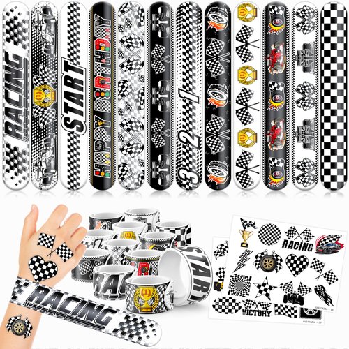 48 Checkered Flags 24PCS Checkered Flags Temporary Tattoos Sticker 24PCS Slap Bracelets Perfect for Themed Birthday Party Favors Baby Showers or Classroom Rewards Ideal Decor and Gifts