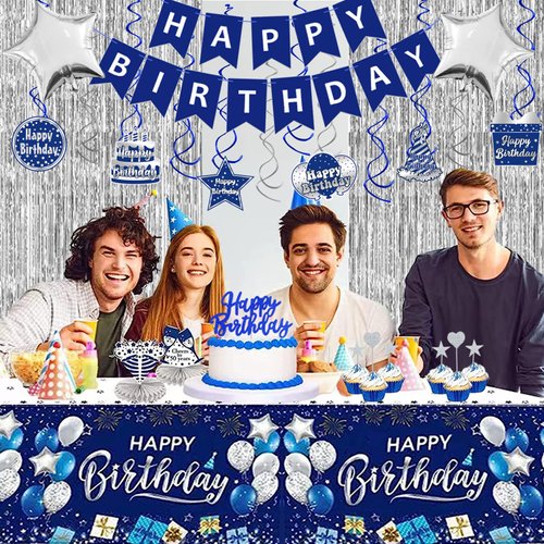 Navy Blue and Silver Birthday Decorations for Men Women, Blue Birthday Decorations for Men with Happy Birthday Banner Tablecloth Balloons Fringe Curtains Hanging Swirls Cake Toppers