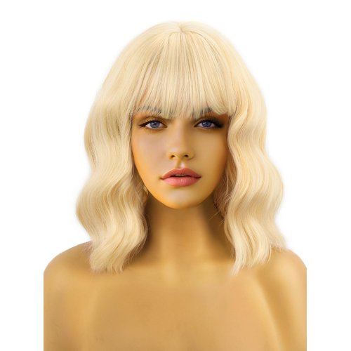 FREEMEIGE Short Bob Wigs with Bangs for Women Blonde Bob Wavy Wig Curly Wavy Shoulder Length Bob Wigs Synthetic Cosplay Wig for Girl Colorful Costume Wigs