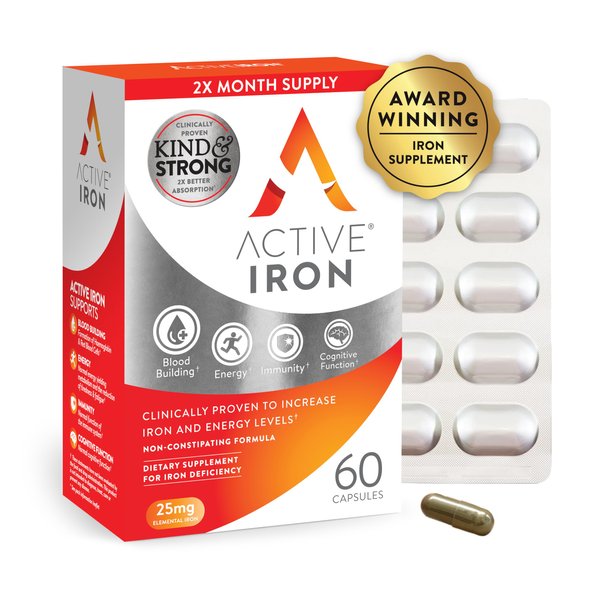 Active Iron High Potency Iron Supplement, 2X Better Absorption & Non-Constipating, Helps Support Energy, Iron Pills for Women & Men, 25mg (60 Capsules)