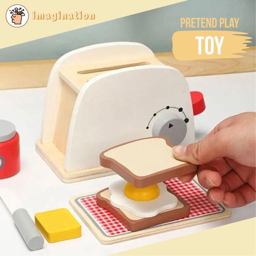 Wooden Pop Up Play Toaster 8 pcs Pretend Play Food Set, Kitchen Play Accessories, Bread Maker for Toddlers Early Learning, Roleplay Toy Food Sets for Girls and Boys