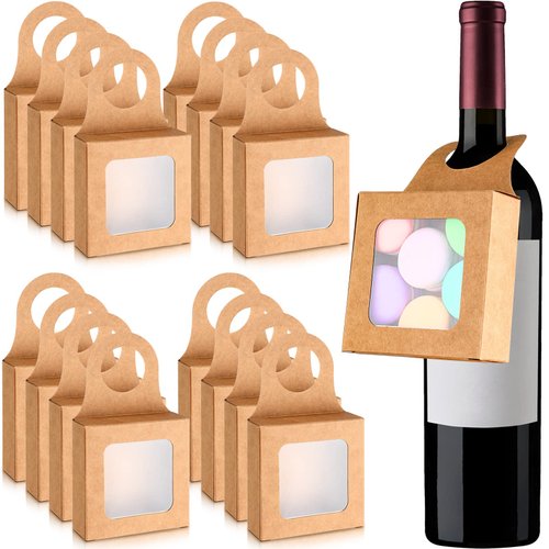 25 Count Kraft Paper Wine Bottle Box with Window Hanging Foldable Gift Boxes Wine Boxes for Gifts Empty Wine Bottles for Decoration Bottle Hanger Favor Box (Kraft Color, 3.5 x 3.5 x 1.2 Inches)