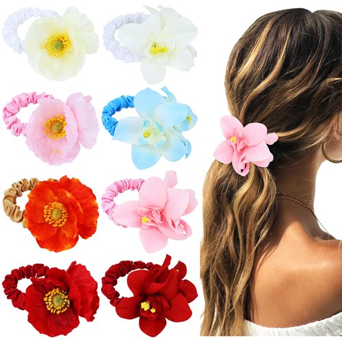 Lawie 8 Pack Colorful Orchid Flower Hair Ties Fabric Floral Hair Bands Elastics Bands Scrunchies Ponytail Holder Wedding Bridals Party Summer Hair Accessories for Women Girls