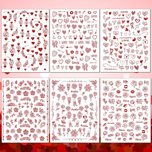 TailaiMei Valentine's Day Metallic Nail Art Stickers, Abstract Minimalist Self-Adhesive Kiss Love Hug Glittering Design for Women Manicure DIY or Nail Salon(934pcs, 12 Sheets)